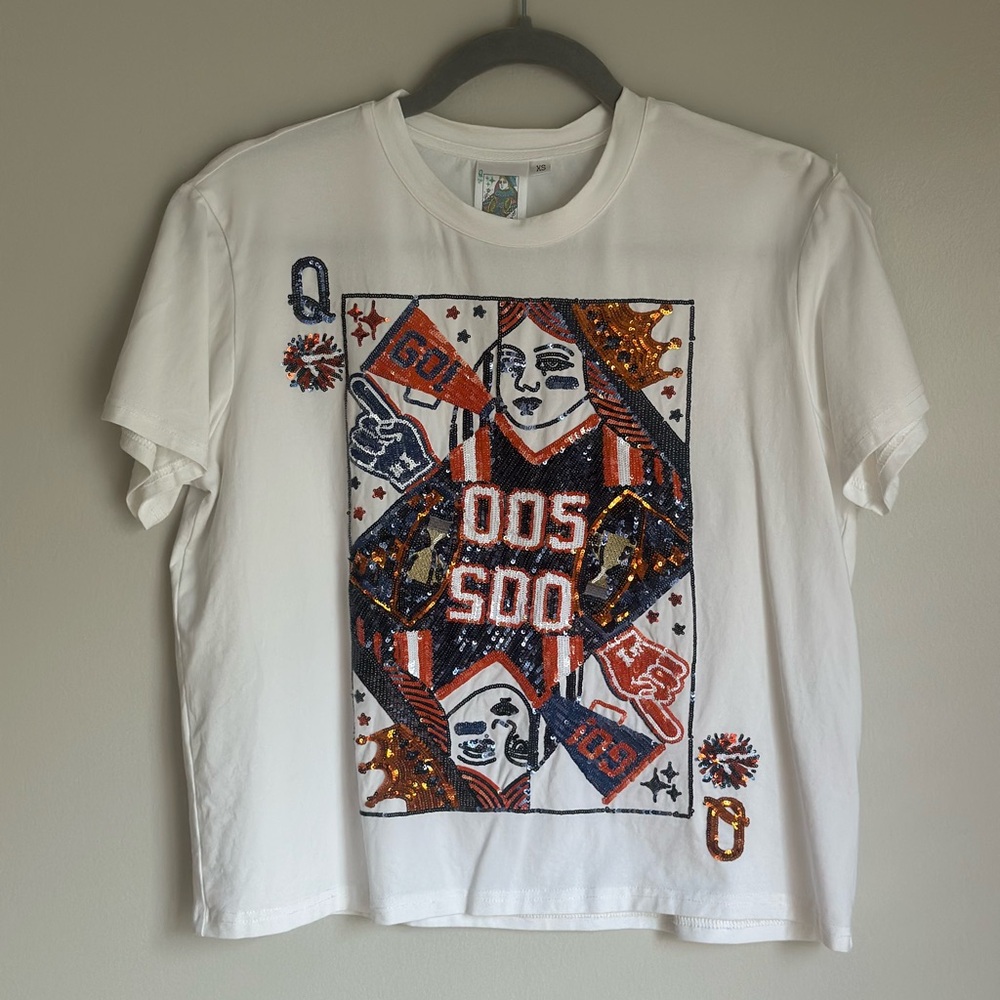 QUEEN OF SPARKLES White Sequin-Embellished Playing Card Graphic Tee